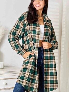 Double Take Women's Plaid Shacket Green & Cream Size Medium